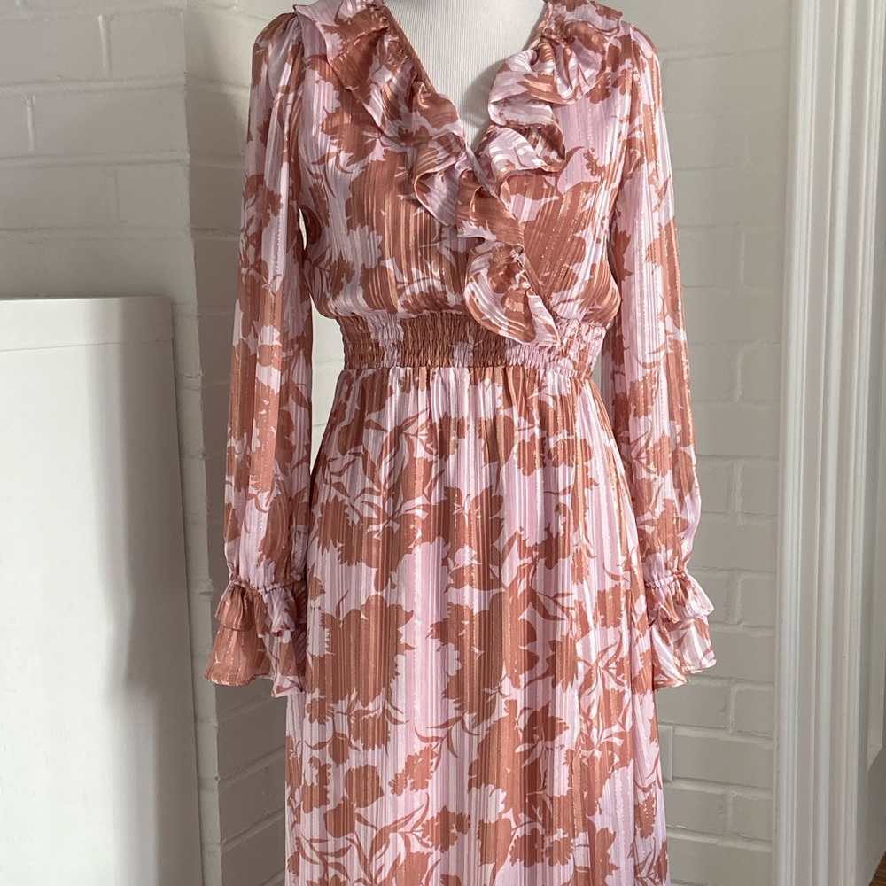Lulus Floral Ruffle Full Length Spring Dress In Soft Pink and Brown Size S - Picture 3 of 10